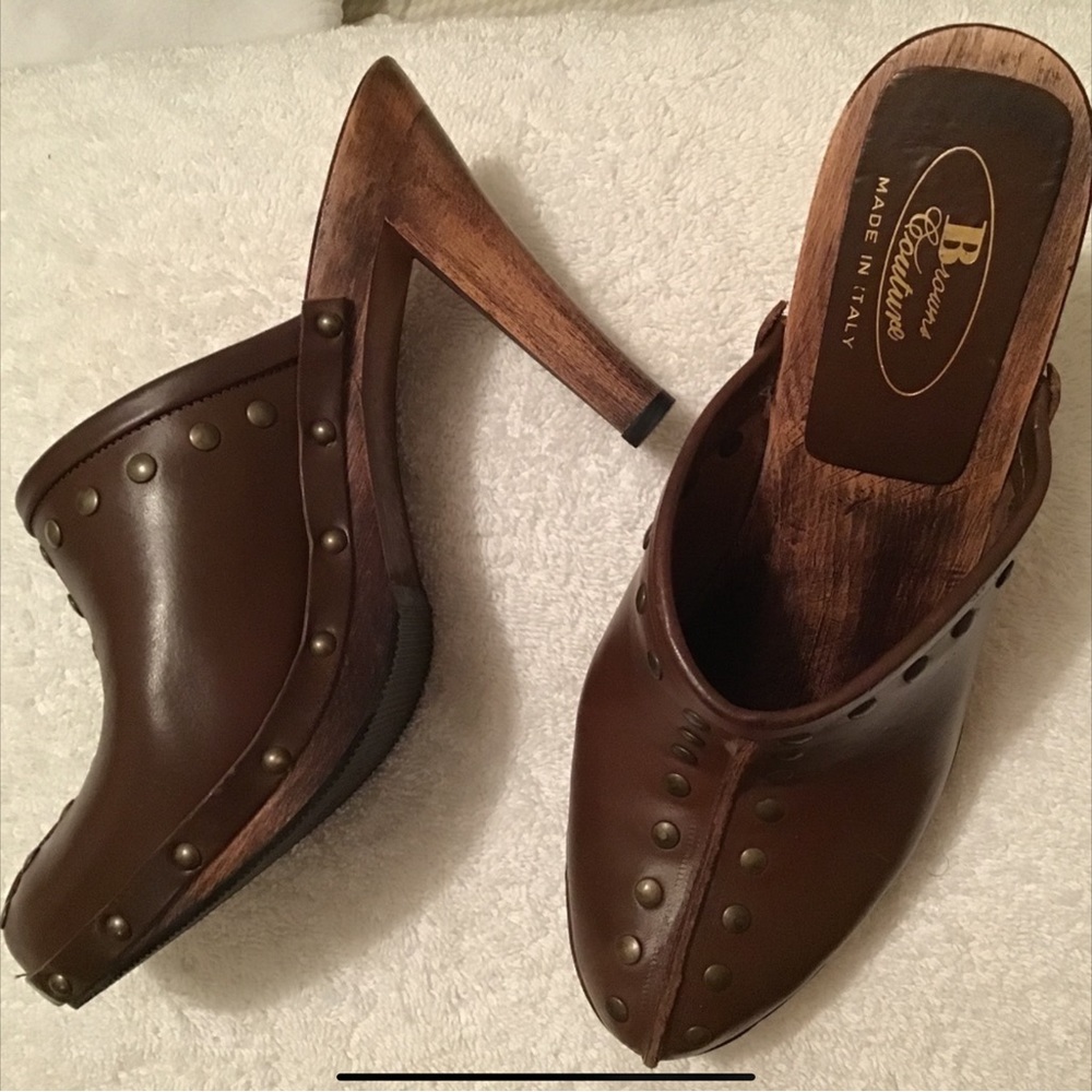 Studded Leather Heeled Clogs